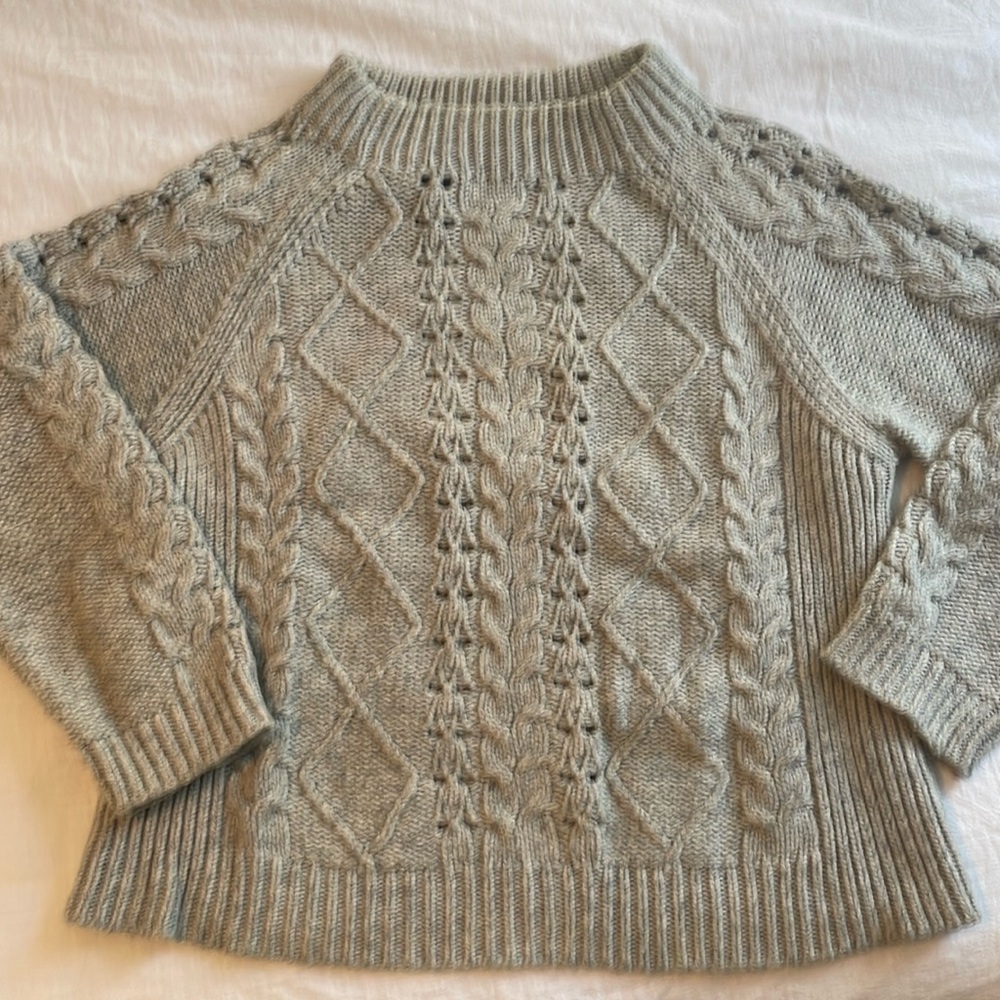 J. Crew gray cable knit chunky sweater. Size L. Cotton/nylon/wool blend.